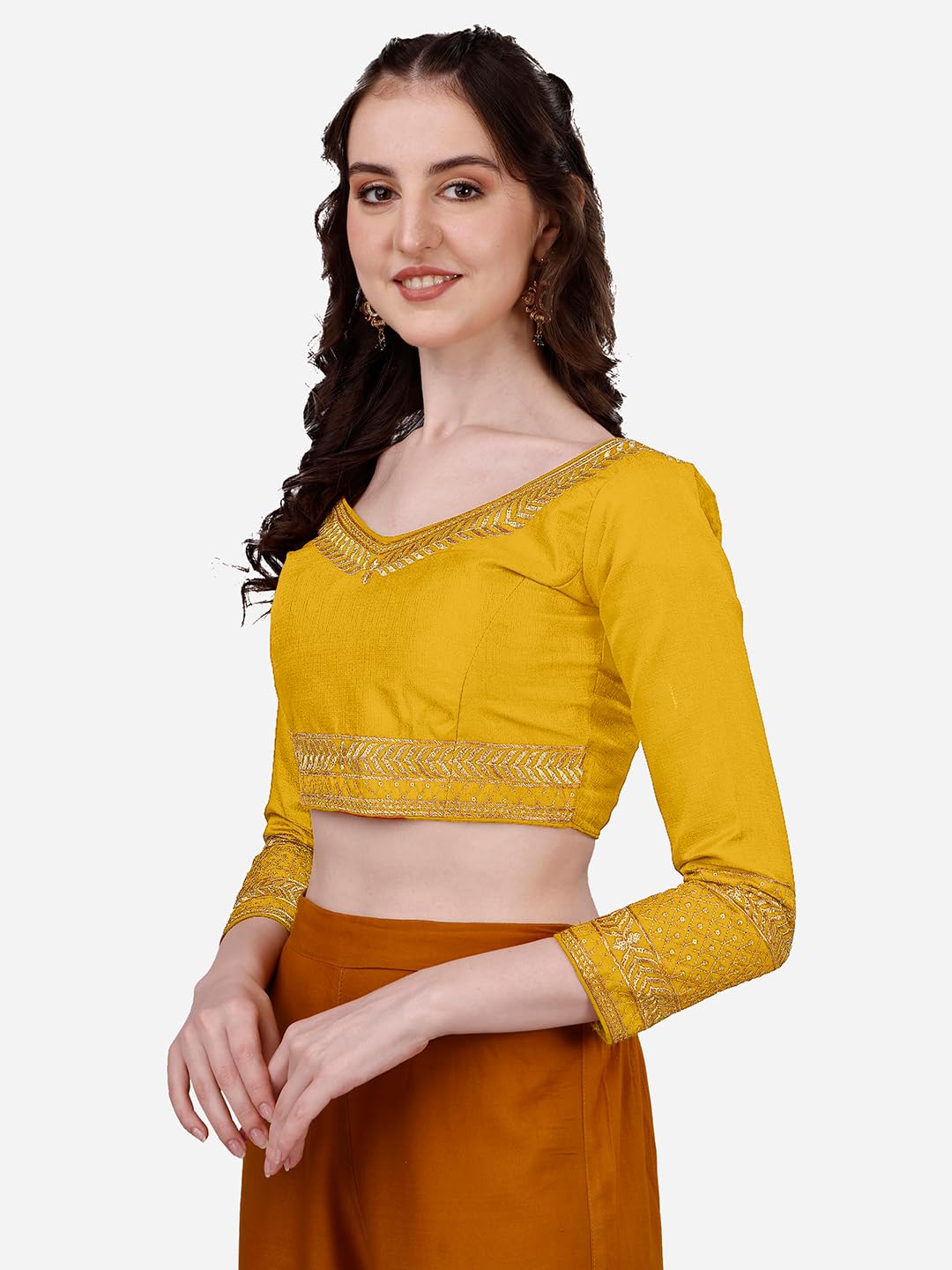 Pujia Mills Women's Milan Silk Heavy Embroidery With Sequins Worked Full Sleeve Fancy Saree Blouse Yellow(Charlie Yellow)
