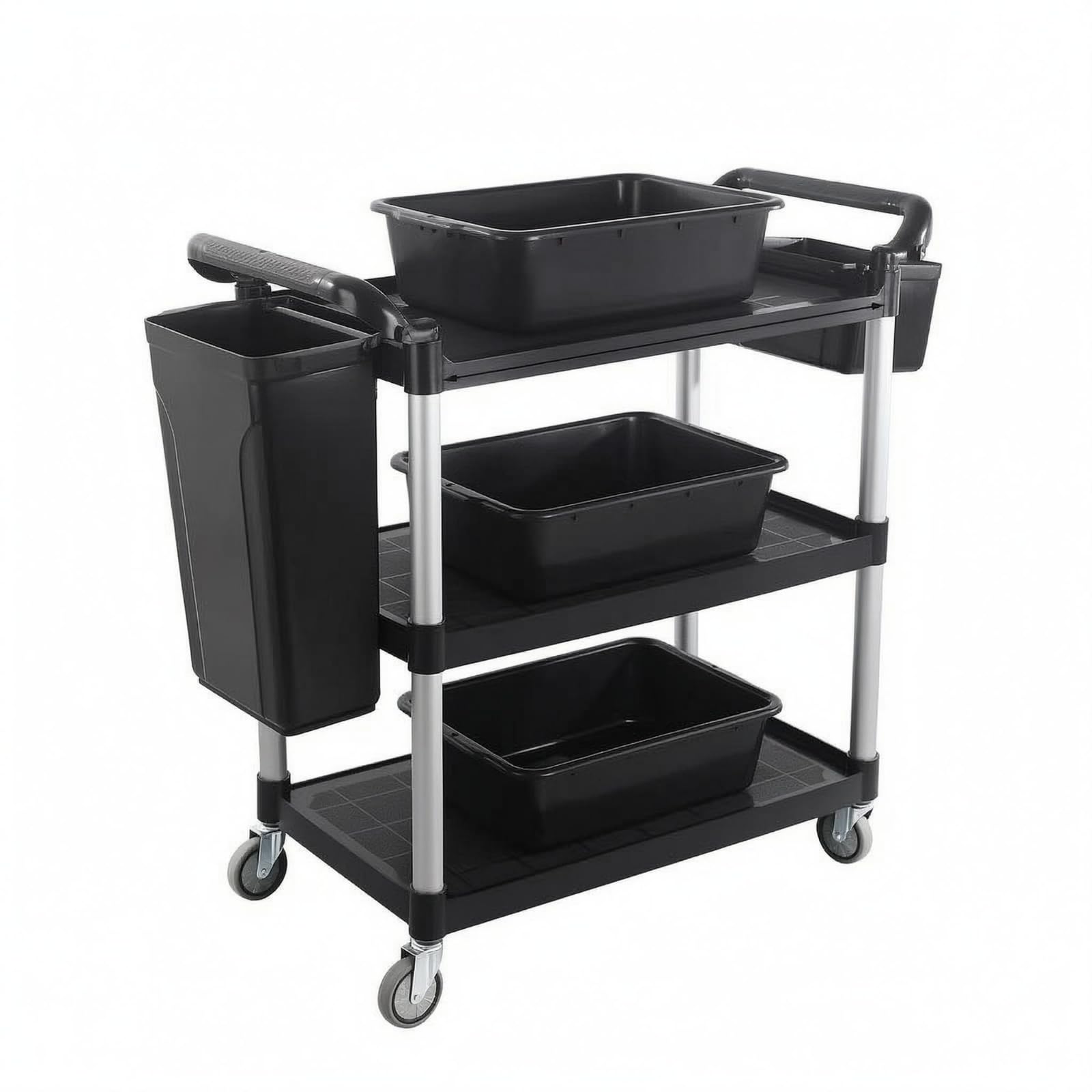 rockible Carro de Servicio Comercial Carro de Cocina Carro de Transporte Carro Auxiliar con Pisos y Ruedas de Estructura Estable con Cuatro Columnas y, Negro, Ruedas Silenciosas con Freno