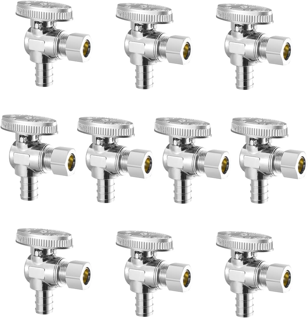 VEVOR 10 Pack Angle Stop Valve, Water Shut Off Valve 1/2" PEX x 3/8" OD Compression, 1/4 Turn Chrome Plated Brass Shutoff Valves for Bathroom Kitchen Toilet Shower Plumbing