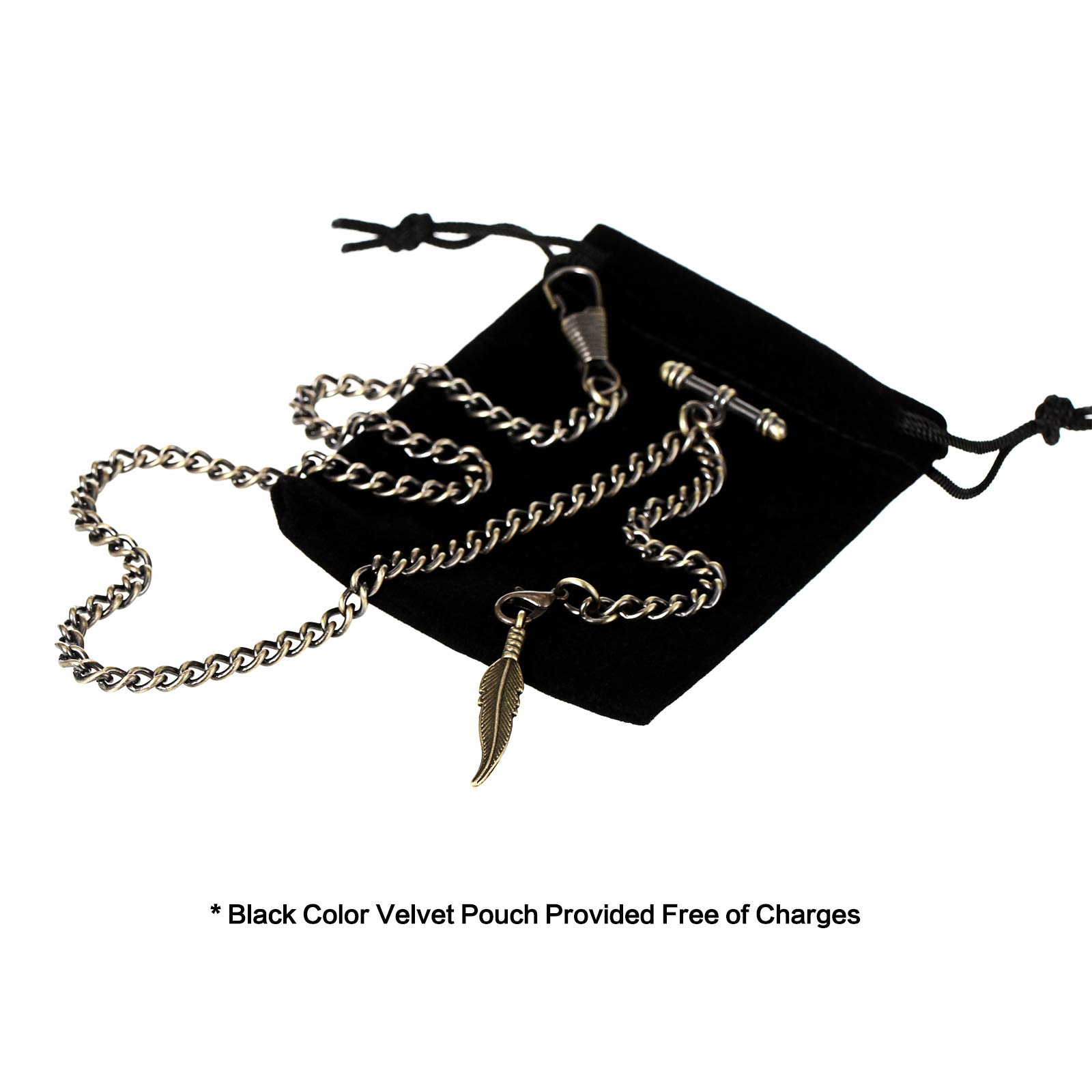 TREEWETO Men's Albert Chain Pocket Watch Curb Link Key Chain 2 Hooks with Antique Bronze Leaf Pendant Design Charm Fob T Bar