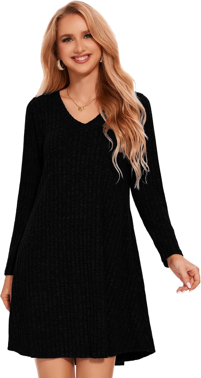 ZENNILO Women Plus Size Sweater Dress Long Sleeve Dress for Women Basic V Neck Fall Winter Tunic Dresses with Pockets - Image 3