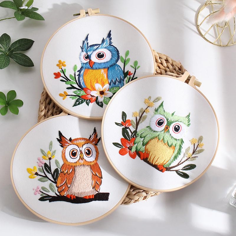 Image of Konrisa Owl Embroidery Kit for Beginners Adult, Embroidery Starter Kit with Cloth Hoops Threads DIY Sewing for Craft Lover Hand Stitch Needlepoint Kits