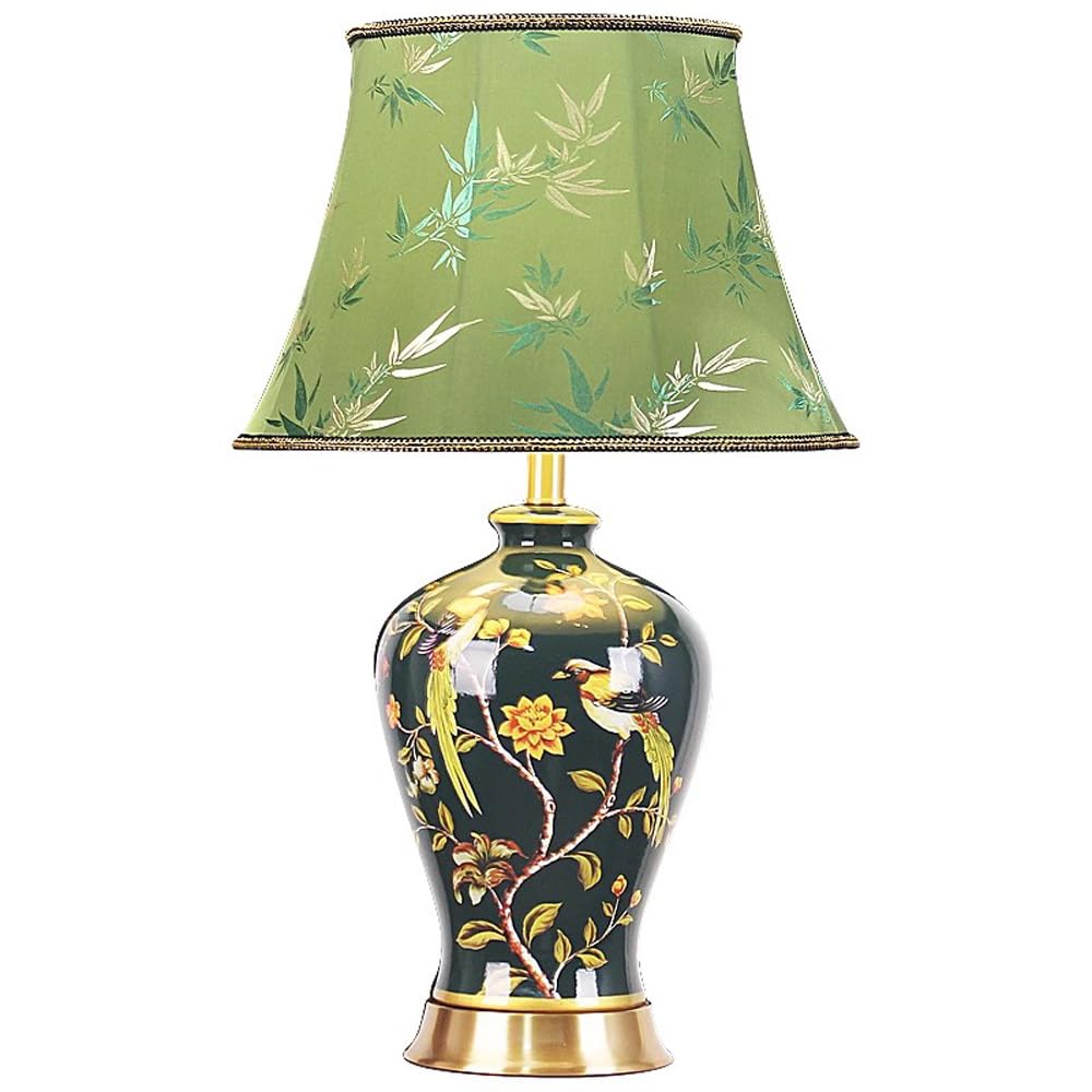 SANBDDLYY Coastal Country Cottage Table Lamp - Hand-Painted Chinese Flowers & Birds Ceramic Nightstand for Living Room & Bedroom