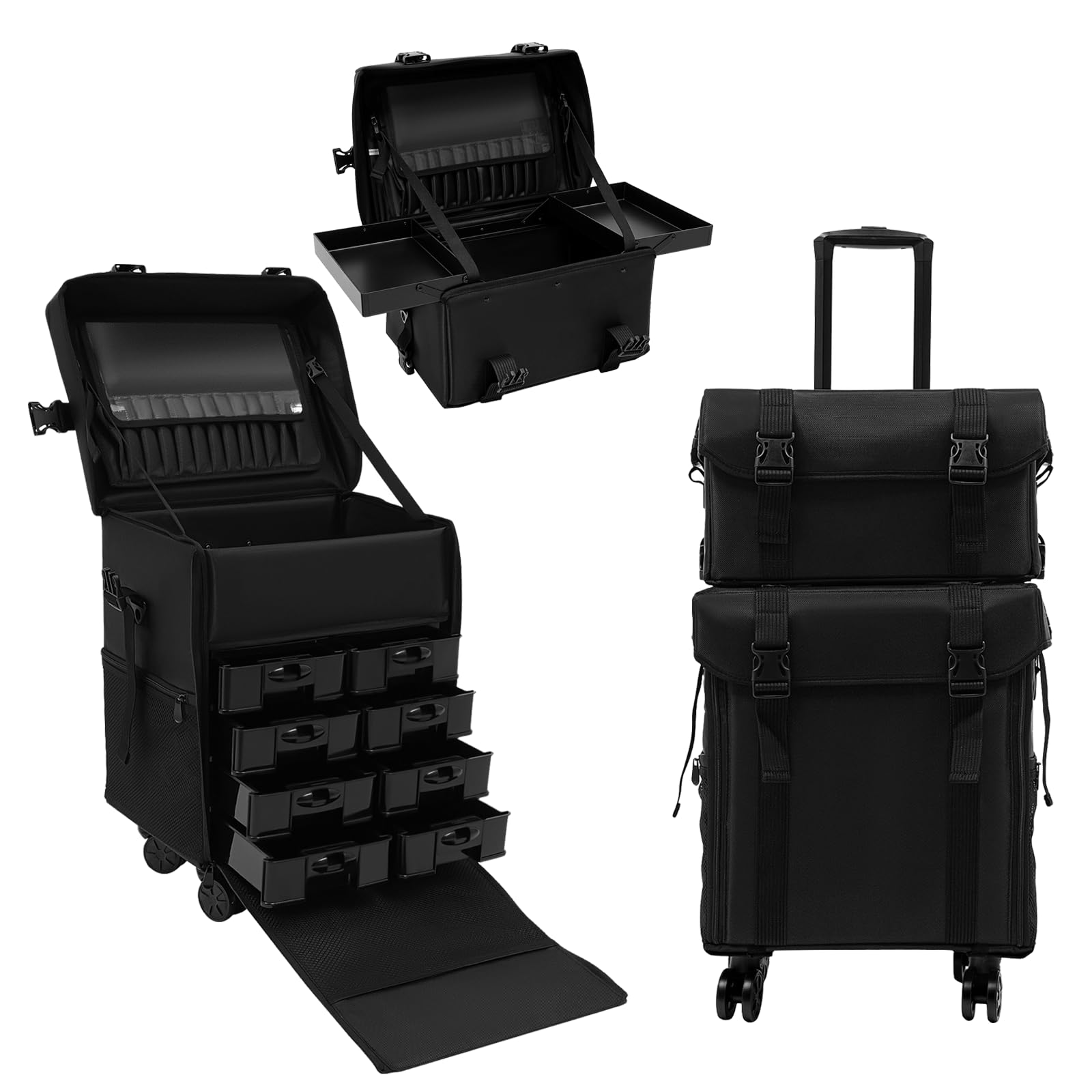 2 In 1 Kosmetikkoffer Groß Kosmetik Trolley Friseurkoffer Schwarz Makeup Beautycase mit 8 Schubladen und Rollen, Multifunktional Beauty Tools Trolley für Nageltechnikern, Kosm