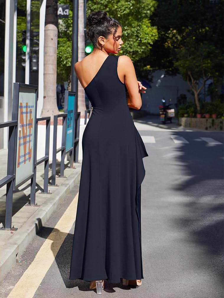 LAGSHIAN Women's Elegant Maxi Dress One Shoulder Sleeveless High Split Ruched Wedding Guest Long Dress - Image 4