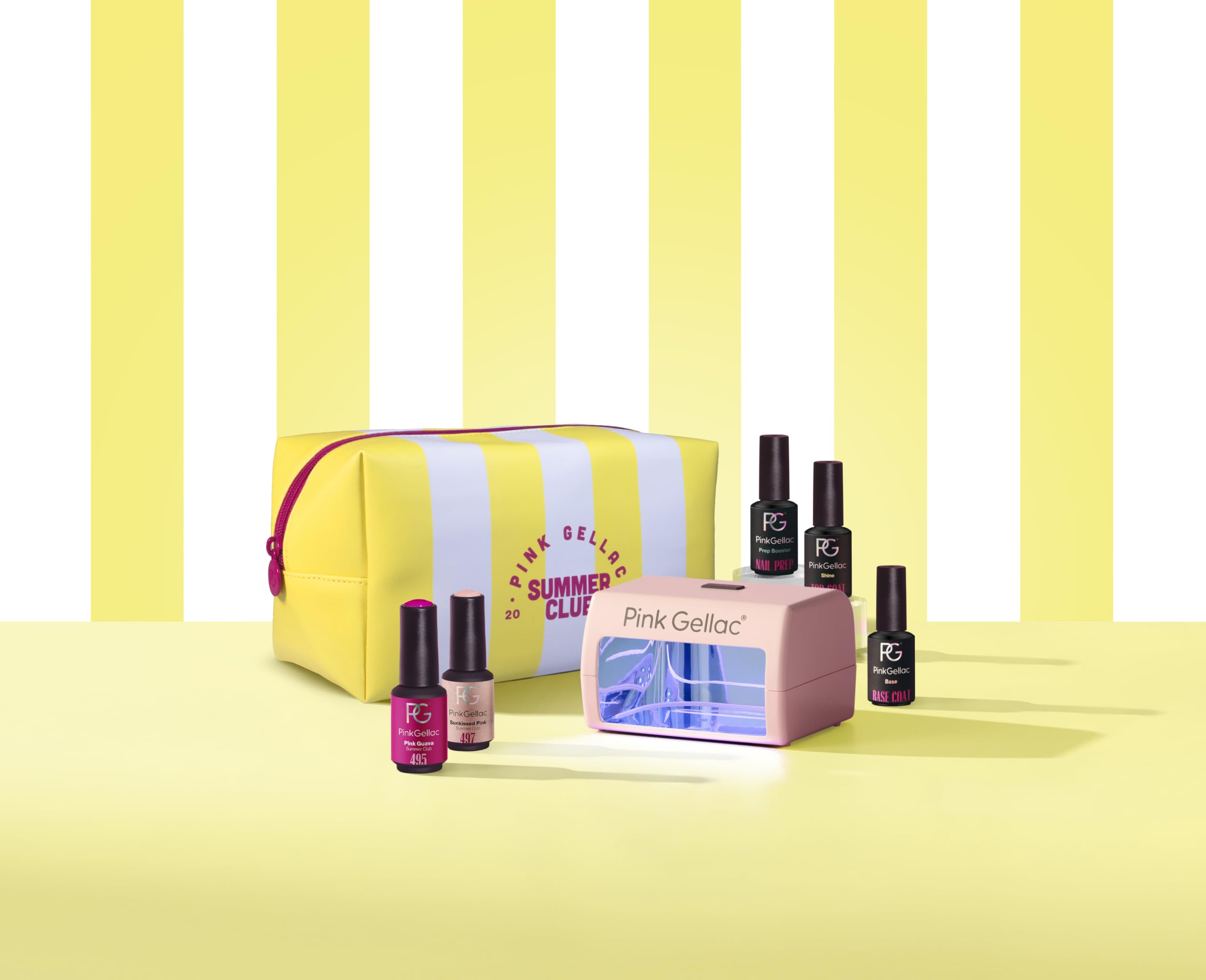 Pink Gellac Gel Nails Set Summer Club - UV Gel Nail Starter Kit, Pink Mini UV Lamp, 2x 8ml Pink Colours, Top & Base Coat, Prep Booster, Remover & Cleaner Pockets, Beauty Bag - DIY Nails