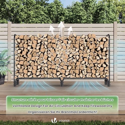 VOUNOT Kaminholzregal Aussen Metall, Brennholzregal Außen, Feuerholzregal Outdoor mit wasserdichte Abdeckung, 200 x 116 x 36 cm, Schwarz
