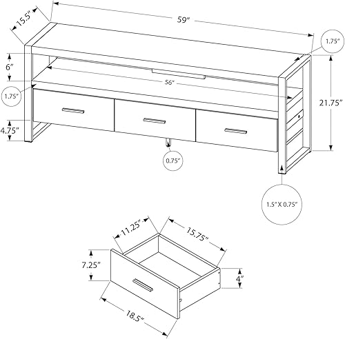 Miniatura 3 de Monarch Specialties Soporte de TV con 3 cajones y estantes, centro de entretenimiento industrial de estilo moderno con patas de metal, 60 pulgadas