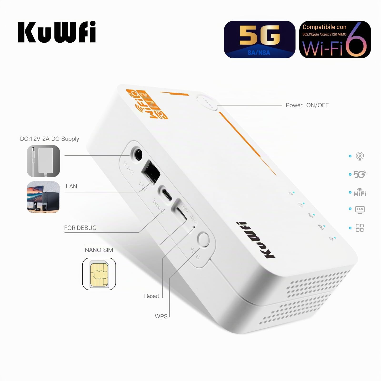 KuWFi 5G Router WiFi Con SIM, 4G/5G SA/NSA Router WiFi6, AX3600 Modem 5G SIM supporta fino a 4,6 Gbps, batteria 4000Mah, 6 antenne interne, cellulare Wireless Support fino a 32 dispositiv(Senza eSIM)