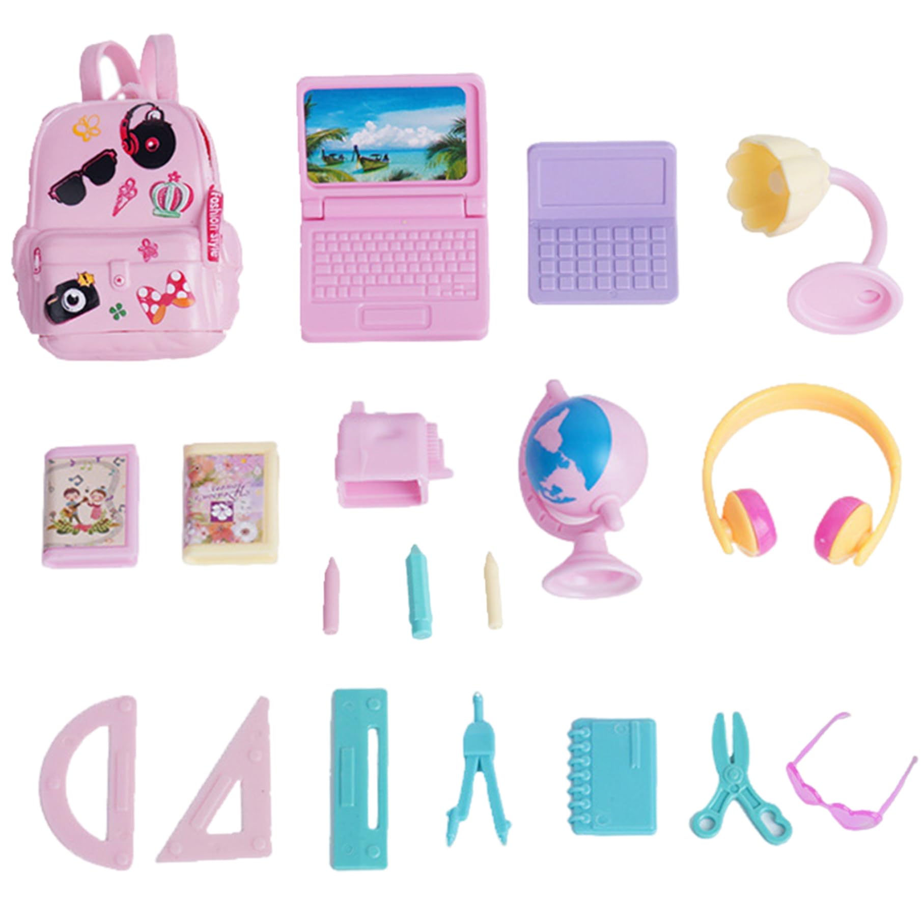Lawnrden Laptop|18Pcs Mini School Supplies Dollhouse, Including Tiny Backpack, Mini Laptop, Desk lamp, Stationery, Globe, Glasses, Headphones Doll House Accessories Set