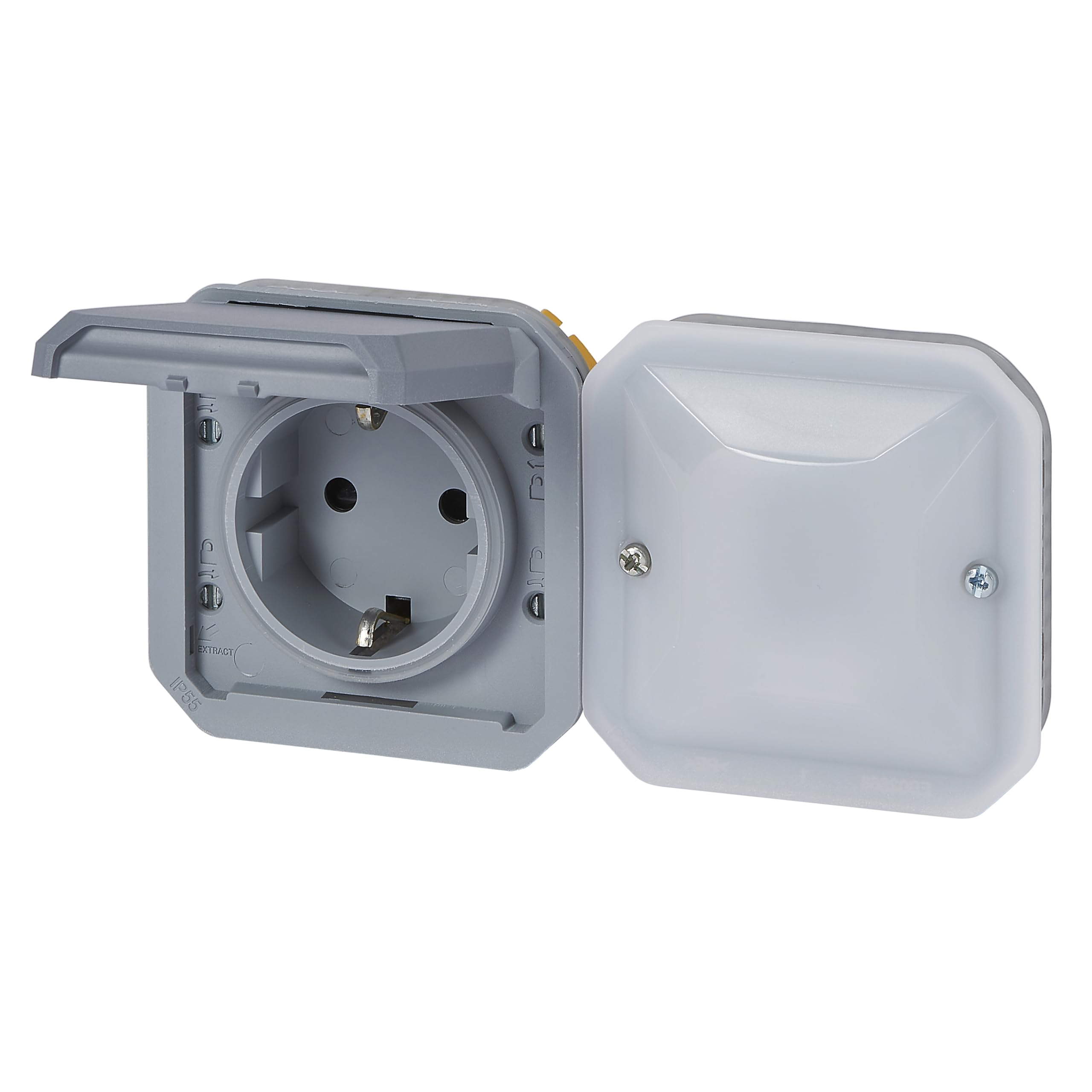 LEGRAND, Plexo New Connected-Feuchtraum-Steckdose, Smart-Home, Aufputz-Steckdose, Schuko-Standard, Home+Control-App, IP44 - IK07 staub- und schmutzbeständig, 16 A, 3680 W, Farbe: Grau, 069877L