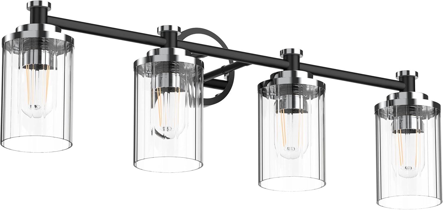 PHIXART Bathroom Lighting Fixtures Black and Chrome Bathroom Vanity Light with Cylindrical Clear