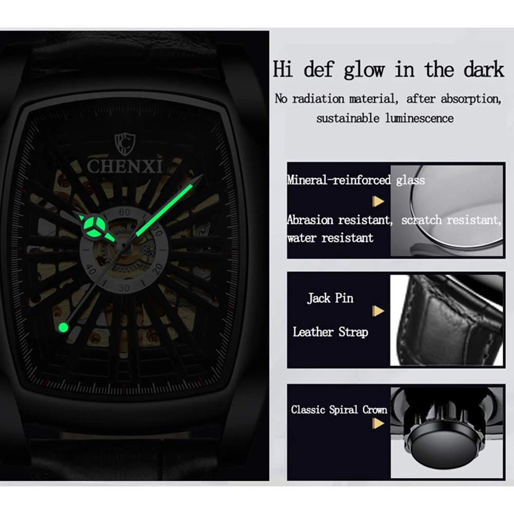 MASTOP Mechanische Herren-Armbanduhr, automatisch, ausgehöhlt, leuchtend, wasserdicht, Leder, rechteckig, Tourbillon-Skelett-Uhr