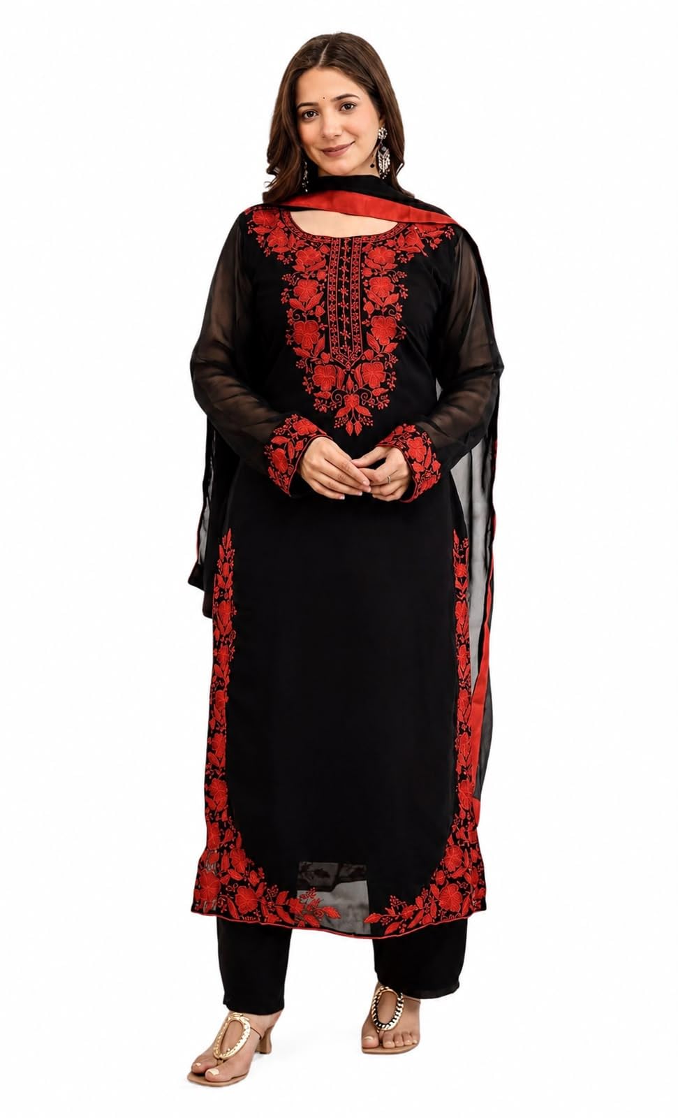 Women's Black Embroidered Kurta Pant Dupatta Set | Floral Thread Work Straight Ethnic Suit Set | Round Neck Full Sheer Sleeves-picture-25