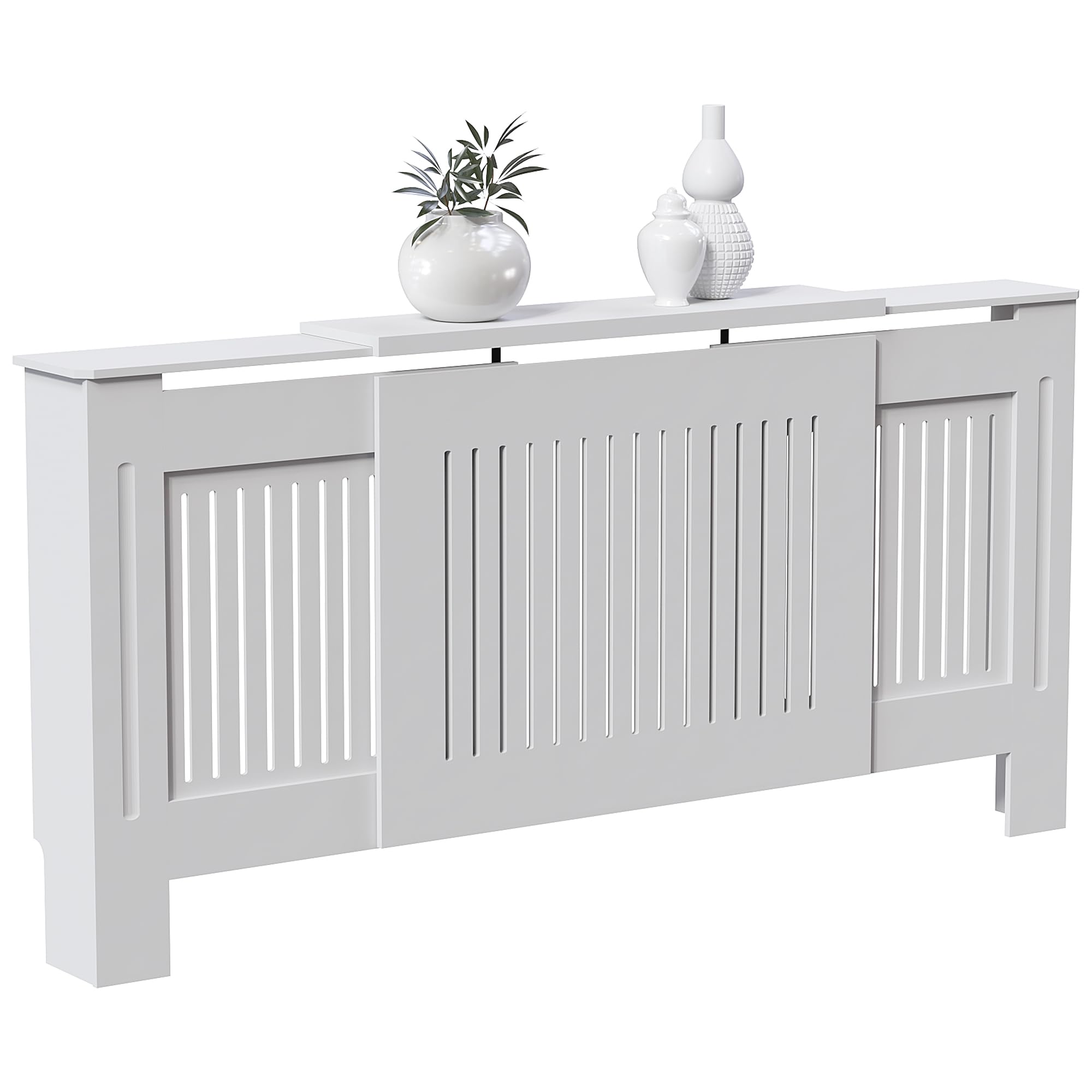 Vida Designs Chelsea Cubierta de radiador Blanco - Ajustable - Lamas Verticales Modernas para Mejor circulación del Calor - H82xW140-204xD20.5cm - MDF Pintado para salón y Pasillo