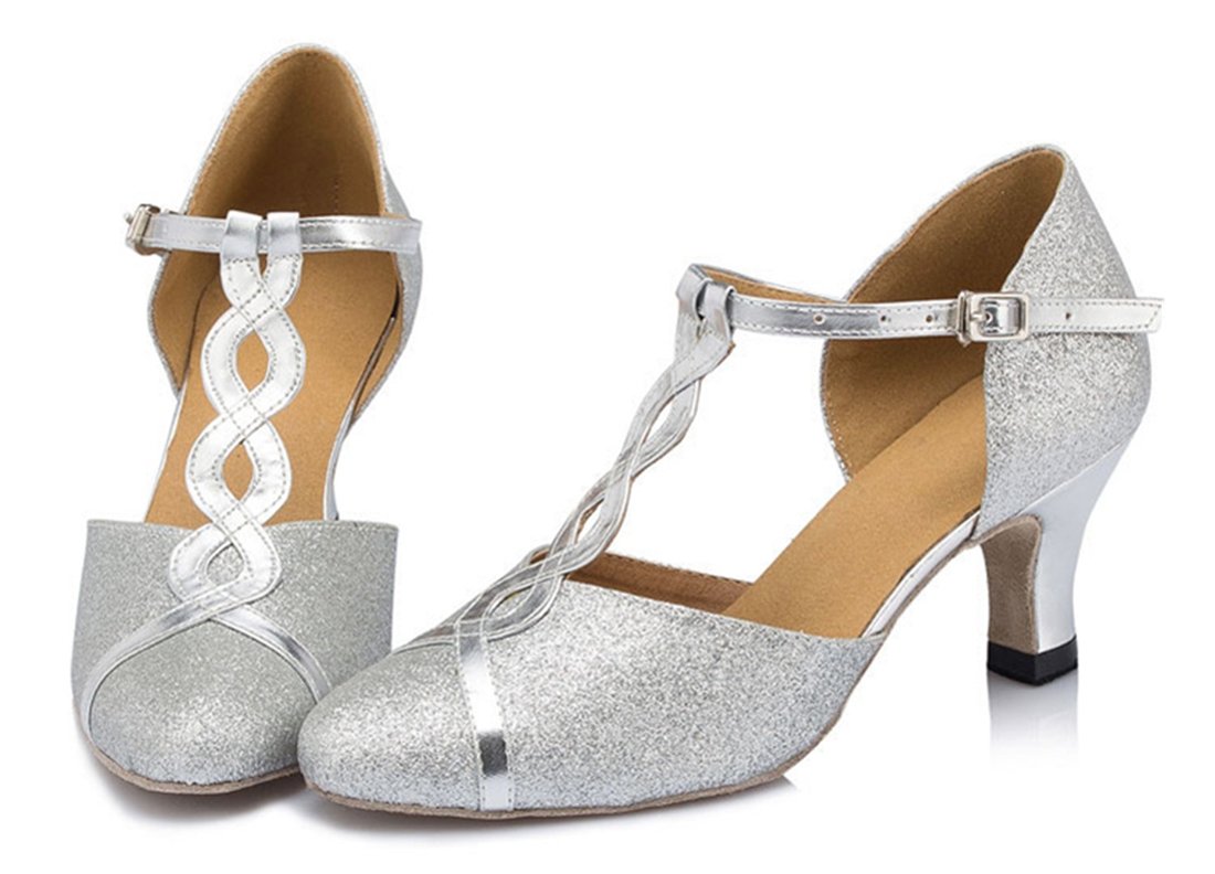 TDA Women's Mid Heel T-Strap Glitter Silver Synthetic Salsa Tango Ballroom Latin Modern Dance Wedding Shoes 7 M US