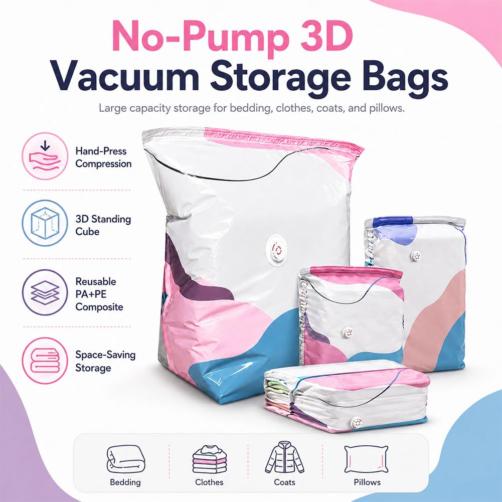 Large No-Pump 3d Vacuum Storage Bags, Life Space Creator Storage Bags, 3d Compression Storage Bag, Thickened Reusable Space Saver for Clothes Duvets, Bedding & Travel (M 4PCS)