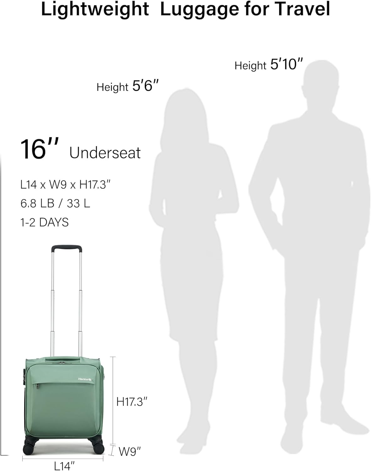 Hanke 16 Inch Underseat Carry On Luggage with Wheels Small Suitcase Softside Luggage Bags for Travel Lightweight Suitcases with Wheels Travel Luggage Personal Item for Men and Women(Forest Green) - Image 3