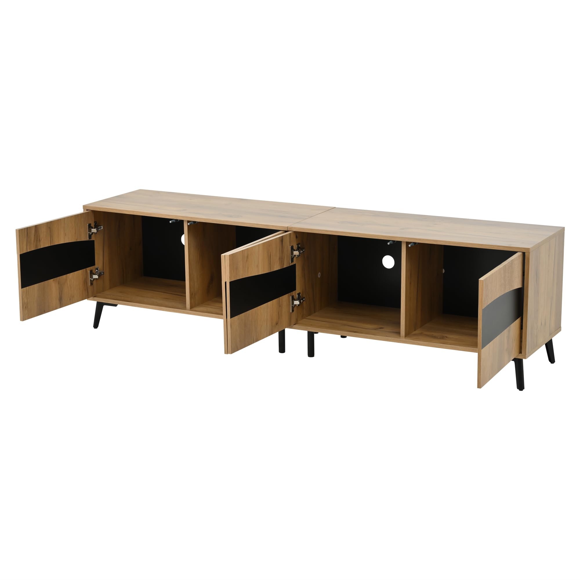Mueble para televisión, 180 x 40 x 50 cm, color madera + soporte para TV de empalme negro, armario de TV con 4 armarios, armario de salón con 8 patas de apoyo, capacidad de carga recomendada 30