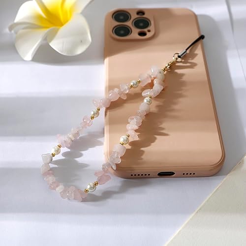 Miniatura 4 de Correa de muñeca con dijes de piedras preciosas naturales para teléfono celular, correa con cuentas para mujeres y niñas (rosa)