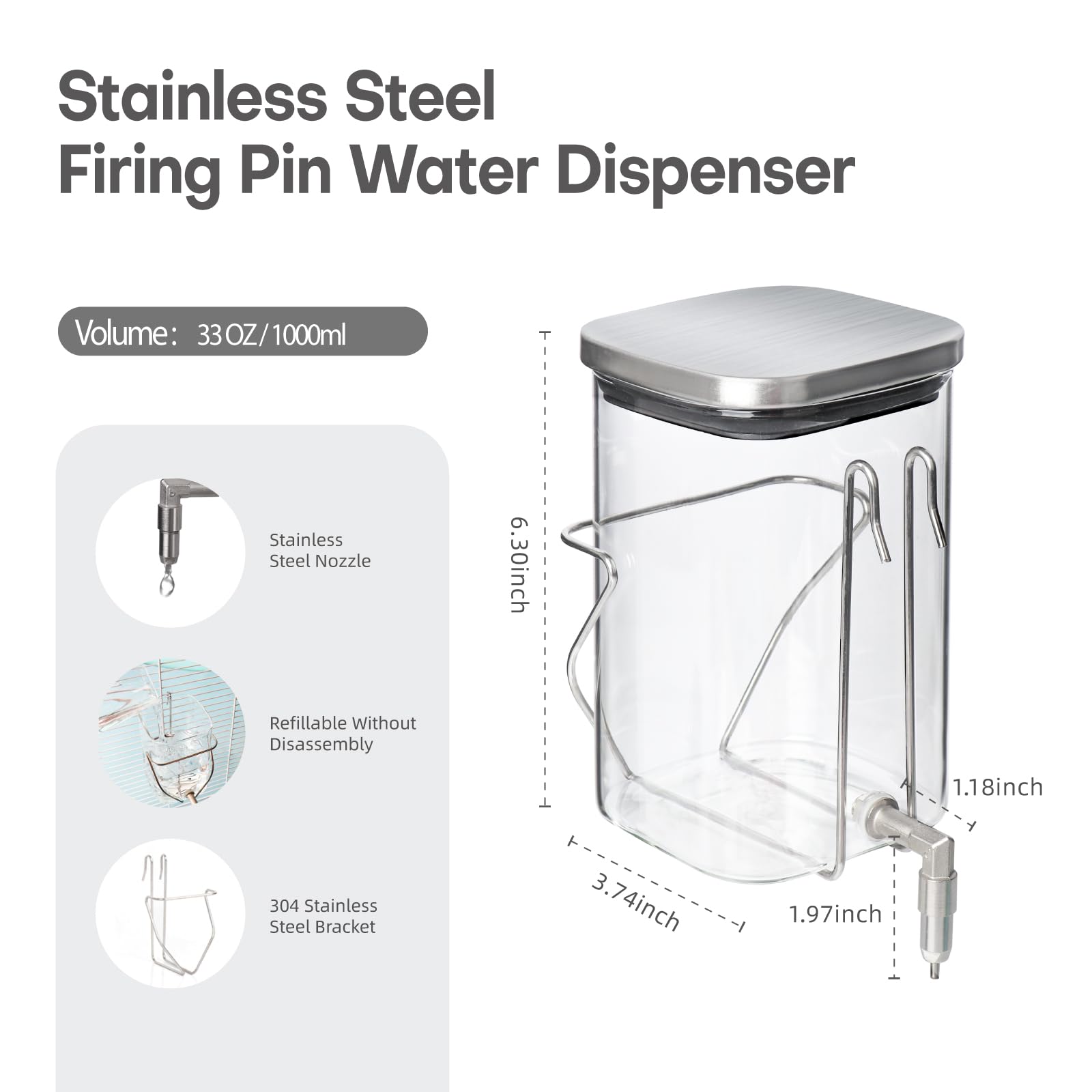 Premium-Wasserflasche aus Edelstahl und Glas, für Haustiere, mit Feuerstift, tropffreier Spender für Kaninchen, Papageien, Nagetiere, 3 Größen mit Universal-Käfighalterung (1000 ml)