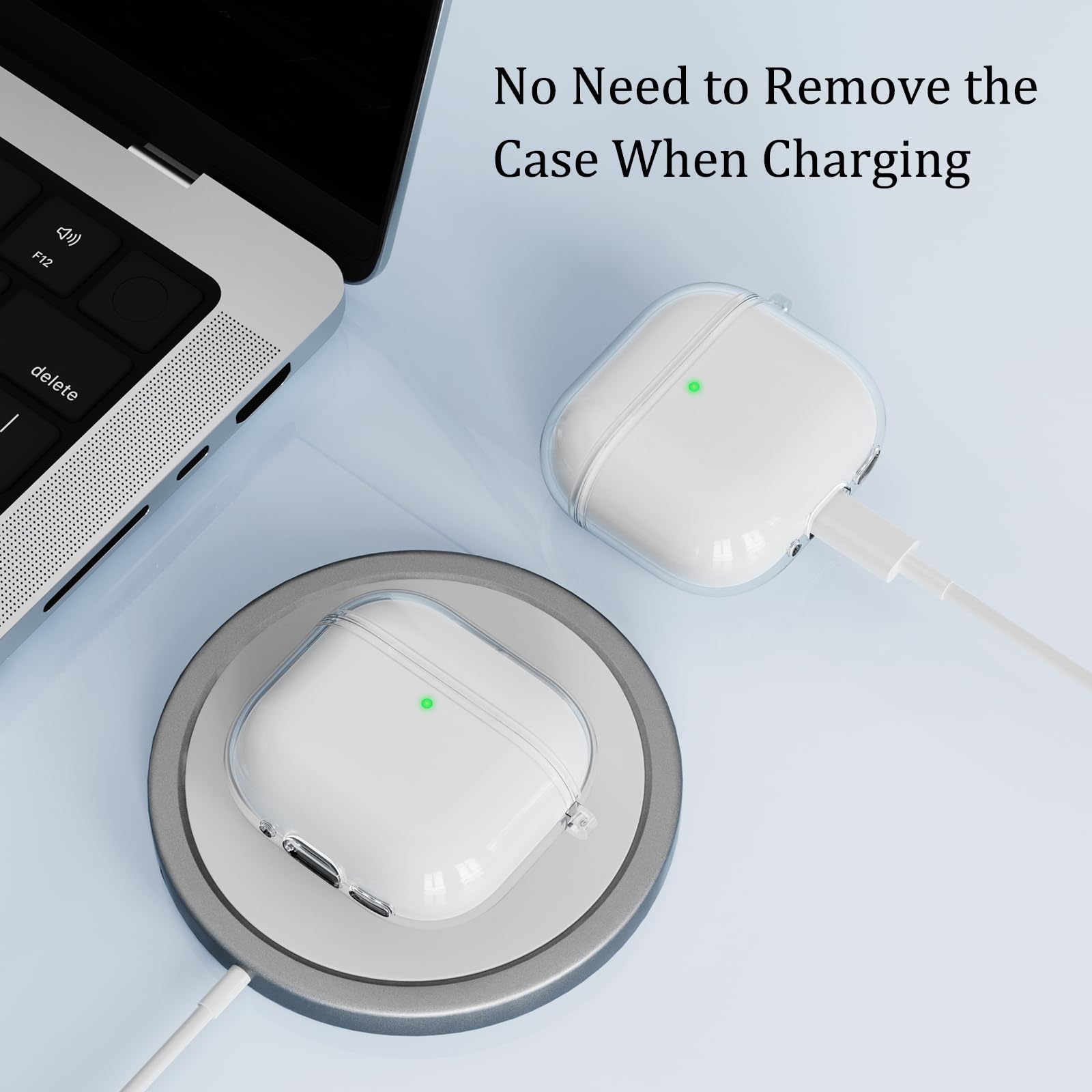 Coque Silicone AirPods 4 2024 Anti-Choc Transparent avec LED Visible, Kit Nettoyage, Porte-clés et Cordon