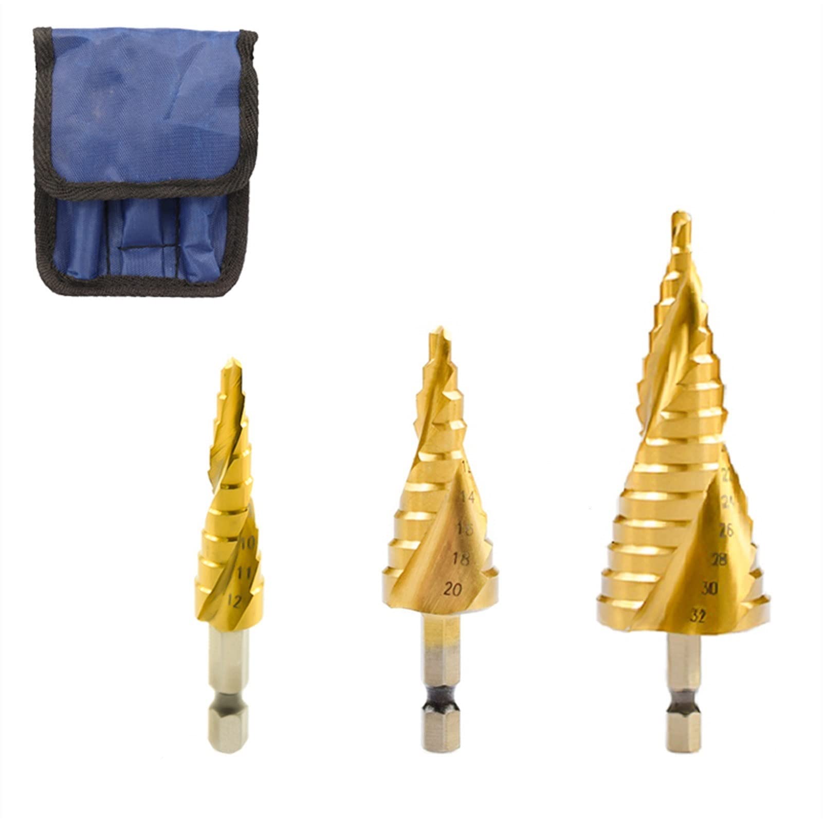 Wiertła do cięcia Wiertło stopniowe Wiertło stożkowe Hex Shank 4-12 4-20 4-30mm Wycinak do otworów w metalu z dziurkaczem Wiertło do metalu HSS pokryte tytanem (Kolor: 3 szt. Z torbą) (3 szt. Z torb