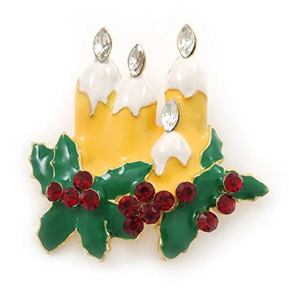 Christmas Candle and Holly Brooch, Crystals with Gold Plating