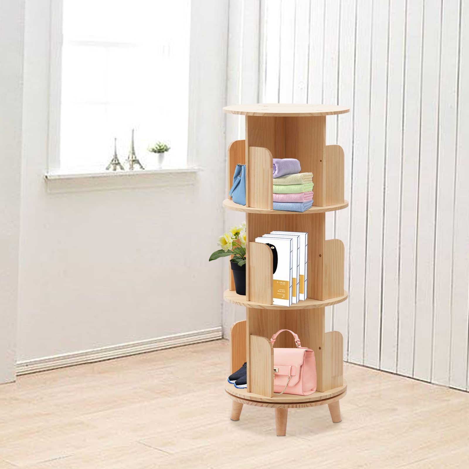 banborba3 tiers Pine Wood Rotating Bookshelf, 360 Display Floor Standing Bookcase Storage Rack for Kids&Adults, Multi-Functional Bookshelf Organizer Used for Living Rooms, Study Rooms, Bedrooms