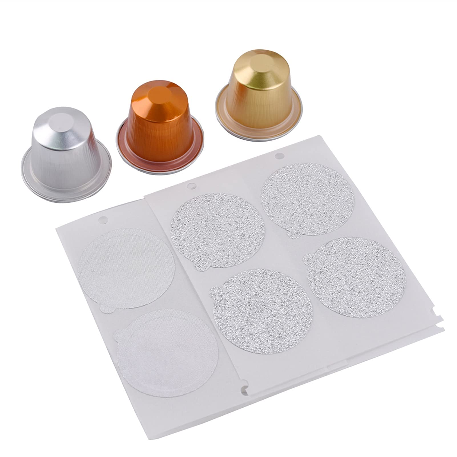100 cápsulas de café de aluminio duraderas para Nespresso con tapas autoadhesivas, accesorios de cápsulas plateadas