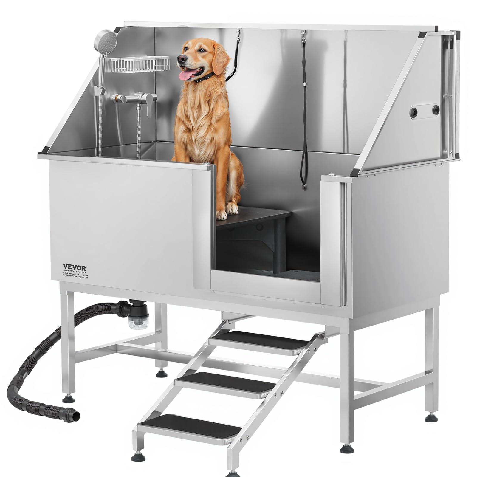 VEVOR Baignoire de Chien Acier Inoxydable, Baignoire de Toilettage pour Animaux de Compagnie 150 cm Station de Lavage Chat, avec Escalier, Panneau Filtre à Eau, Robinet, Pommeau Douche, Porte Droite