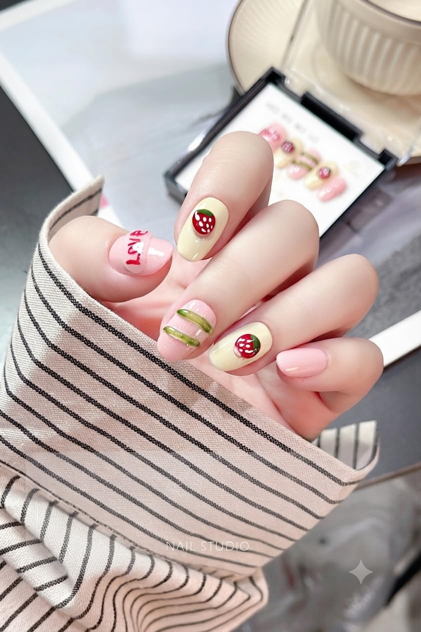 Press on Nails, 10 Pcs Strawberry Love Short Round Fake Nails | Glossy Finish, Full Cover, Reusable, Salon Style, Party & Daily Wear-image-41