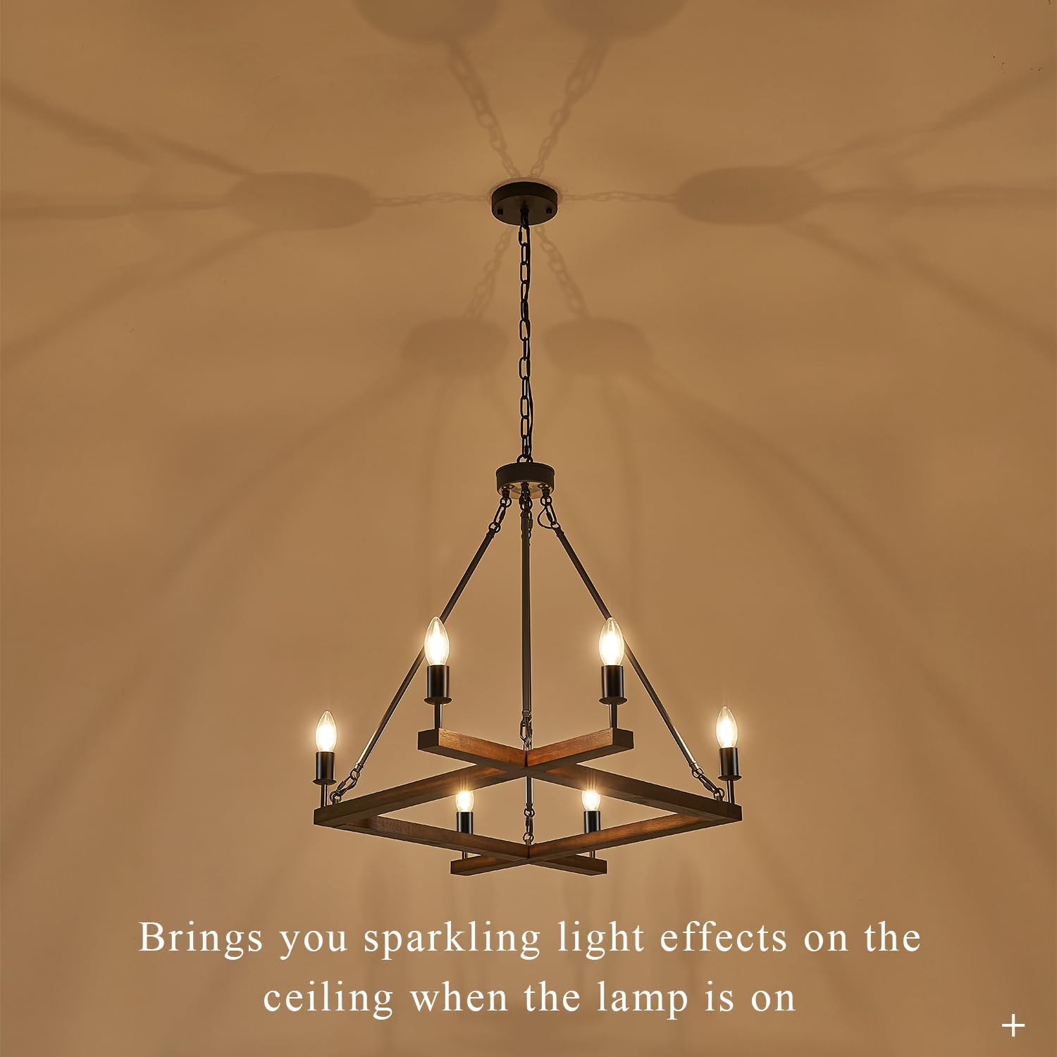 L45'' Rustic Farmhouse Square Wood Chandeliers 6-Light Unique Rectangular Candle Chandelier Long Ceiling Pendant Light for Living Dining Room Foyer Kitchen Bedroom High Ceiling,E12