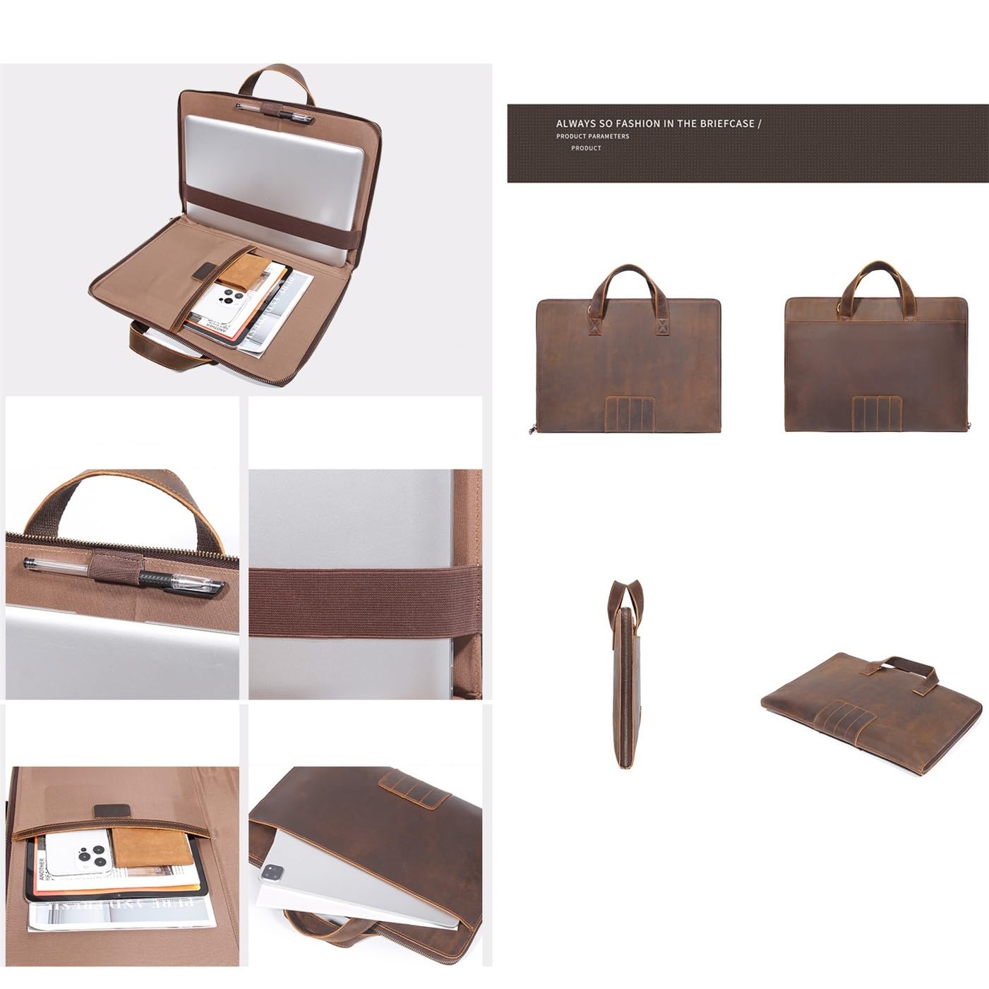Portadocumenti in pelle for notebook 14 pollici, con maniglia e zip