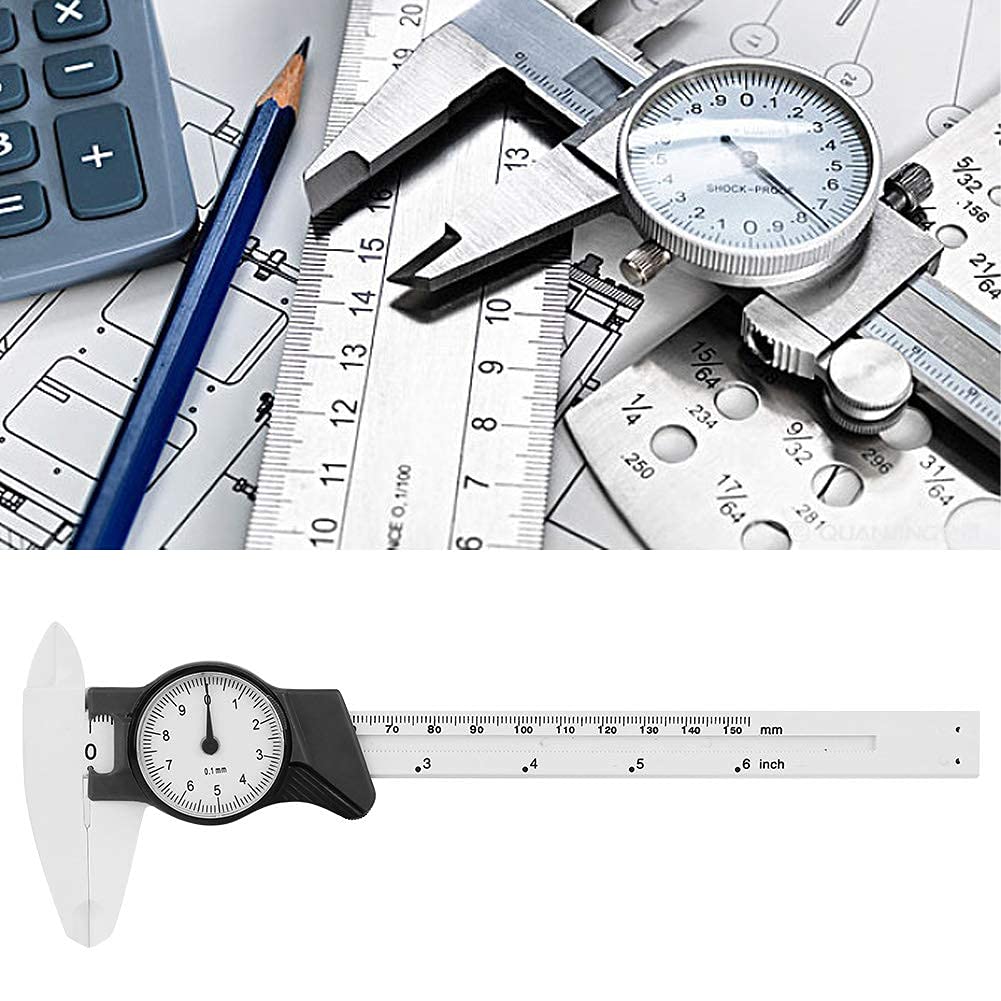 Calibrador Vernier de Esfera de 0-150mm Dial Calipers Regla de Esfera de Plástico Herramienta de Medida de Techo para Medida Dimensional (Blanco)