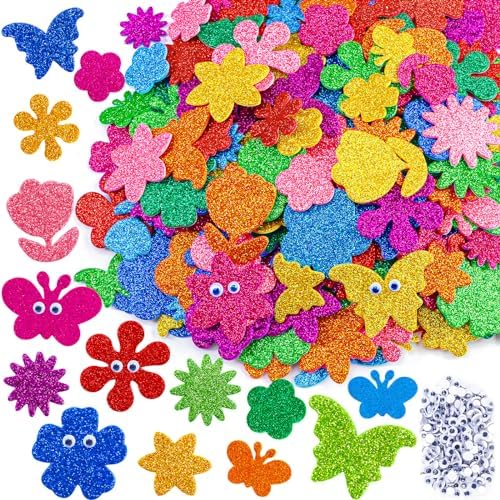 Natonhi 530pcs Glitter Flower Stickers 10 Colors Foam Flower Stickers and Butterfly Shapes Stickers with Self-Adhesive Eyes Kid Preschool Activity DIY Arts Craft Supplies for Greeting Cards Decoration