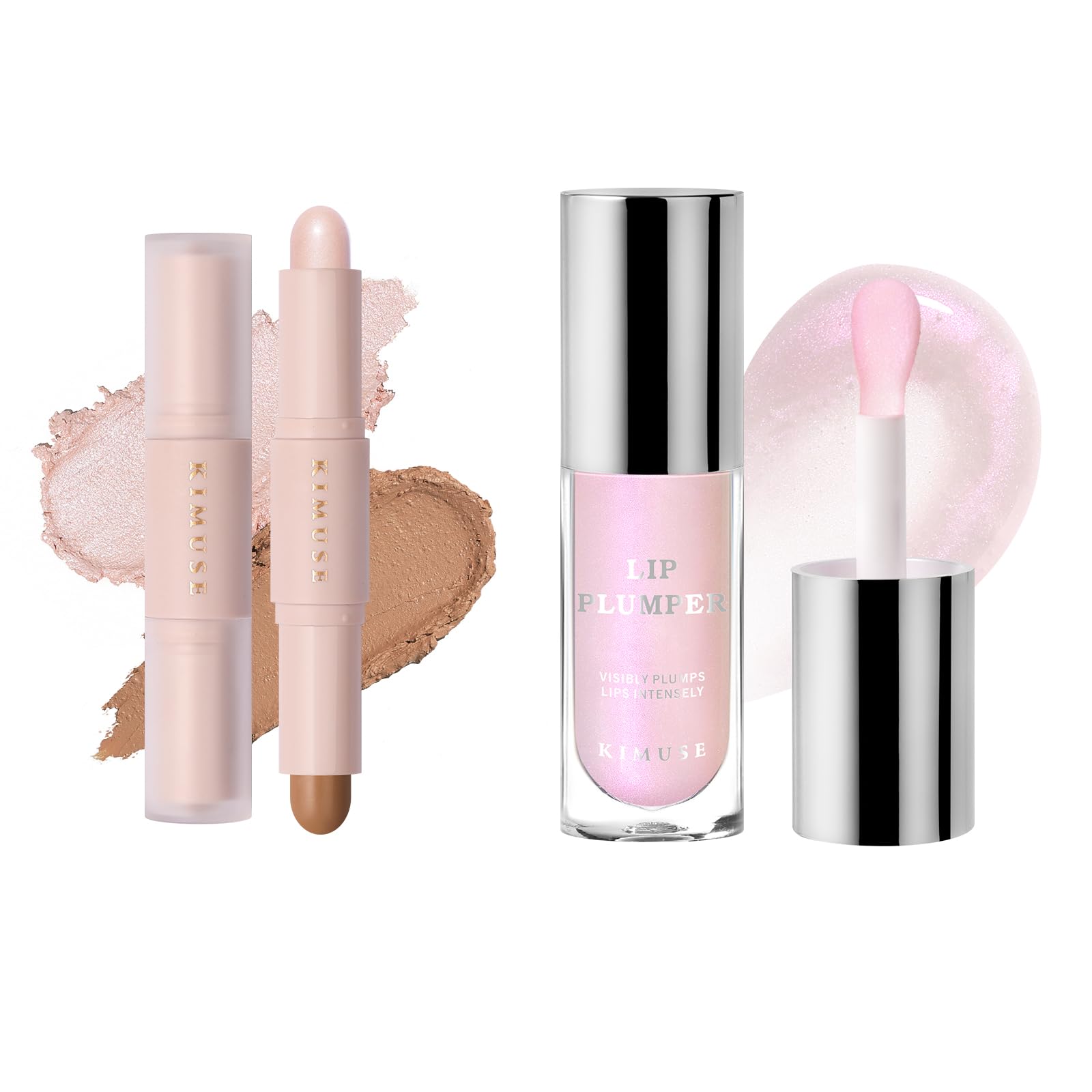 KIMUSE 2 Color Dual Cream Contour Stick & Hydrating and Long -Wearing Lip Plumper Gloss