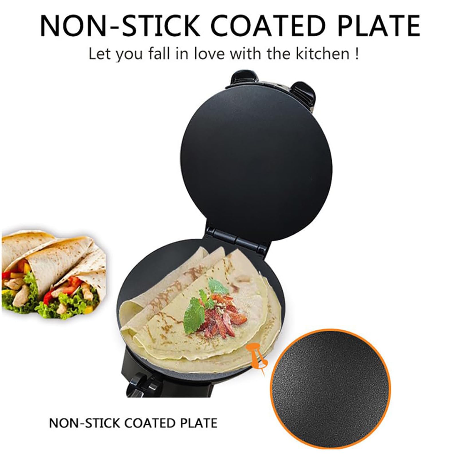Macchina per Roti Antiaderente (10 pollici), Macchina per Pancake Portatile da Colazione da 2000 W con Indicatore LED, Temperatura Regolabile, Prepara Facilmente Chapati/Tortilla Perfetti