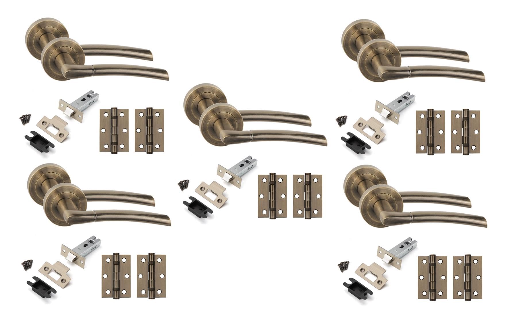 Golden Grace 5 Set Indiana Design Internal Door Handles Set Ball Bearing Hinges And Latches Antique Brass Finish from B&Q
