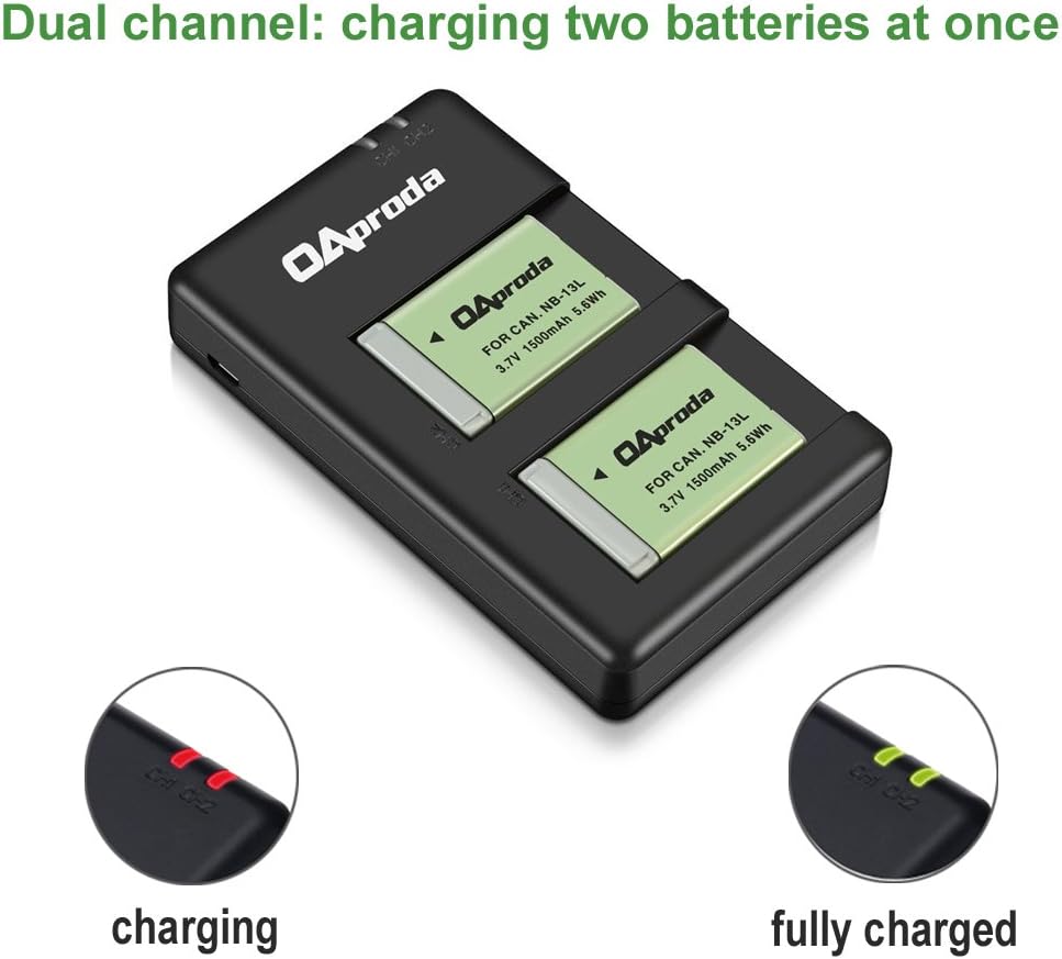 OAproda 2 Pack Fully Decoded NB-13L Battery with Rapid Dual USB Charger for Canon PowerShot G7 X Mark II, SX720 HS, SX740 HS, SX730 HS, SX620 HS, G5 X, G5 X Mark II, G7 X, G7 X Mark III, G9 X Mark II