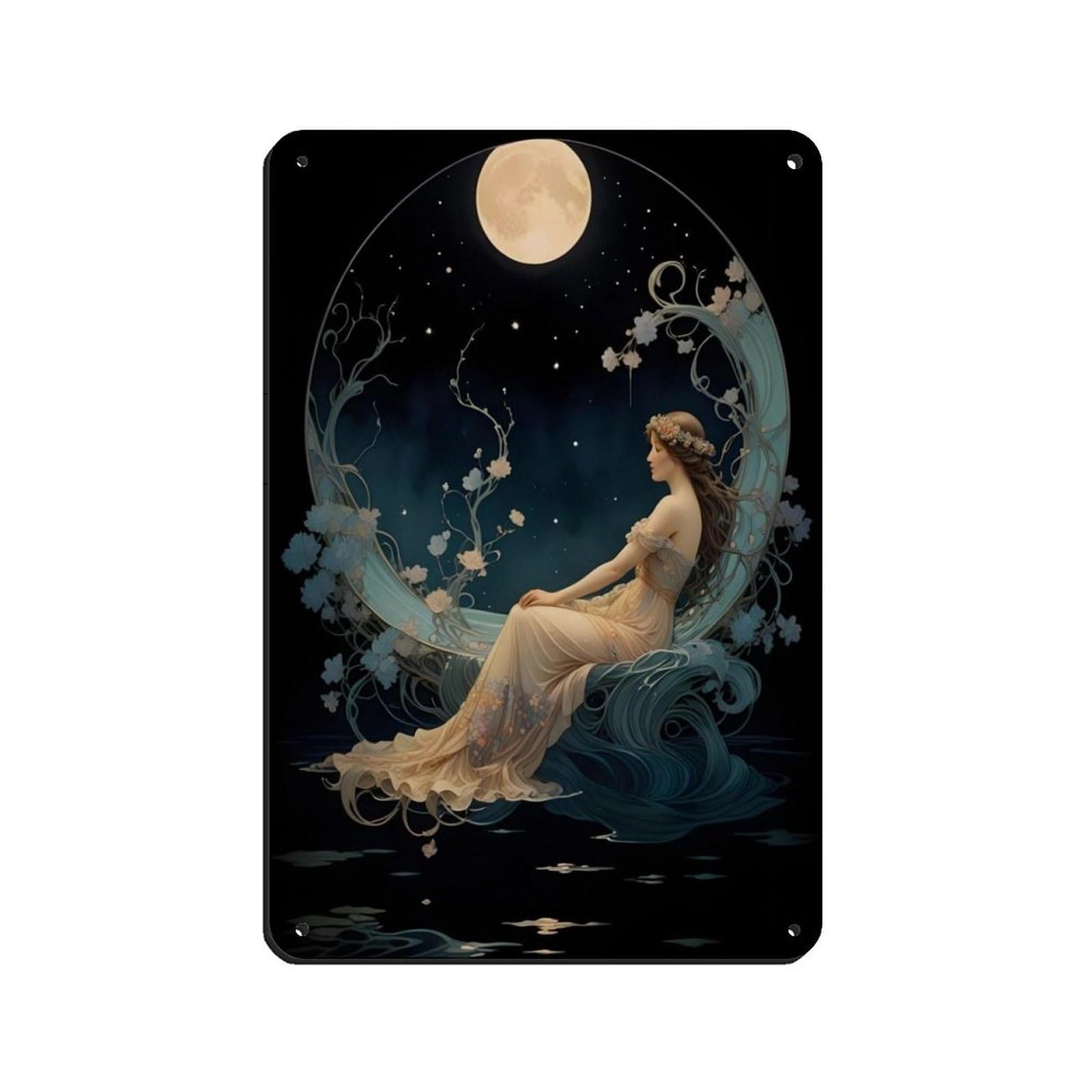 Art Nouveau Celestial Moonlit Bathing Lady Moon And Stars Retro Poster Metal Tin Sign Chic Art Retro Iron Painting Bar People Cave Cafe Family Garage Poster Wall Decoration 8x12inch(20x30cm)