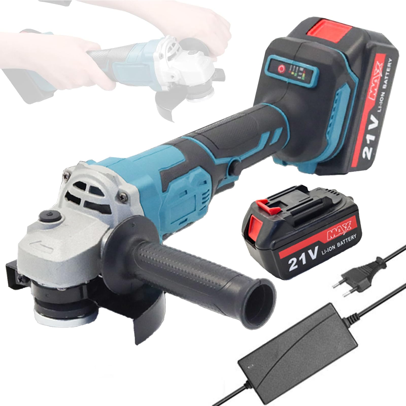 Weytoll Meuleuse d'angle 125 mm, 21 V, meuleuse angulaire sans balais, 2 batteries au lithium, outil électrique de meulage, outil électrique pour couper et polir les carreaux, rectifier les métaux