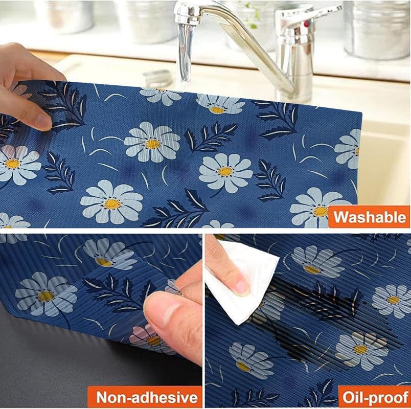 Image of Anti-Slip Kitchen Shelf Liner - 20 Meter Roll, Waterproof Multipurpose Mat for Fridge, Cabinet, Drawer, Trolley & Bathroom - Easy to Cut Floral Blue Print (Yellow)