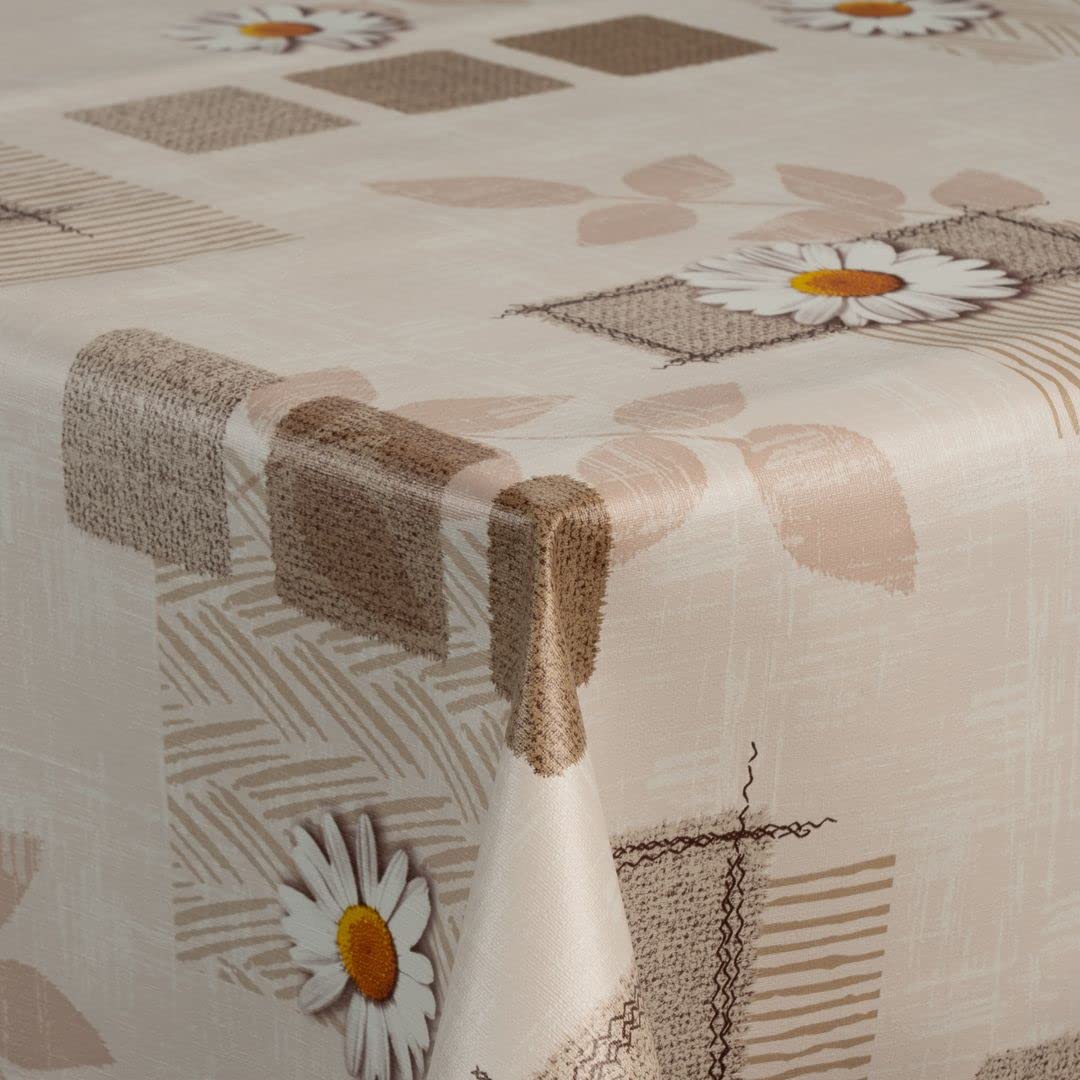 laro Wachstuch-Tischdecke Abwaschbar Wachstischdecke PVC Plastik-Tischdecken Eckig Meterware Abwischbar, Muster:Margerite Braun Beige, Größe:140x2000