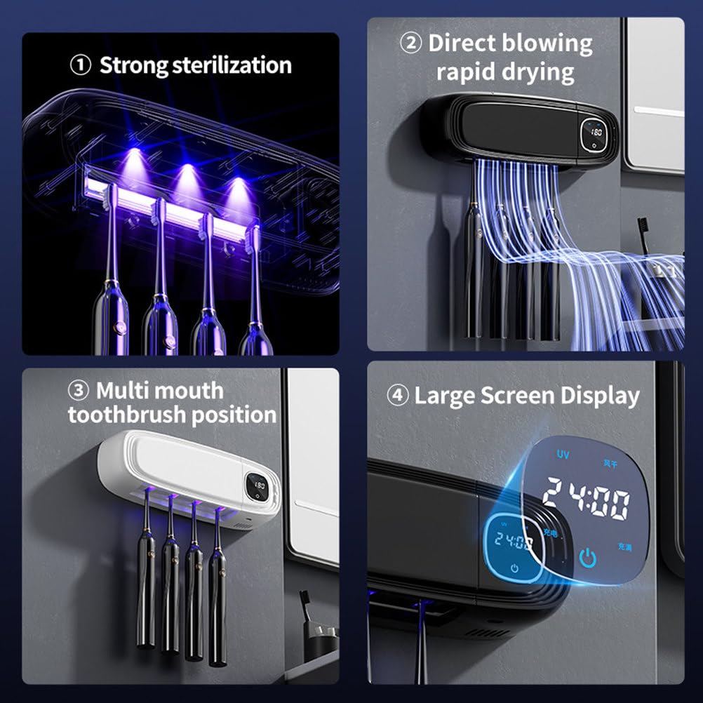 Soporte desinfectante UV para 4 cepillos de dientes | Soporte de pared para cepillo de dientes para baño con secado por ventilador | Limpiador y esterilizador de cepillos de dientes recargable por USB