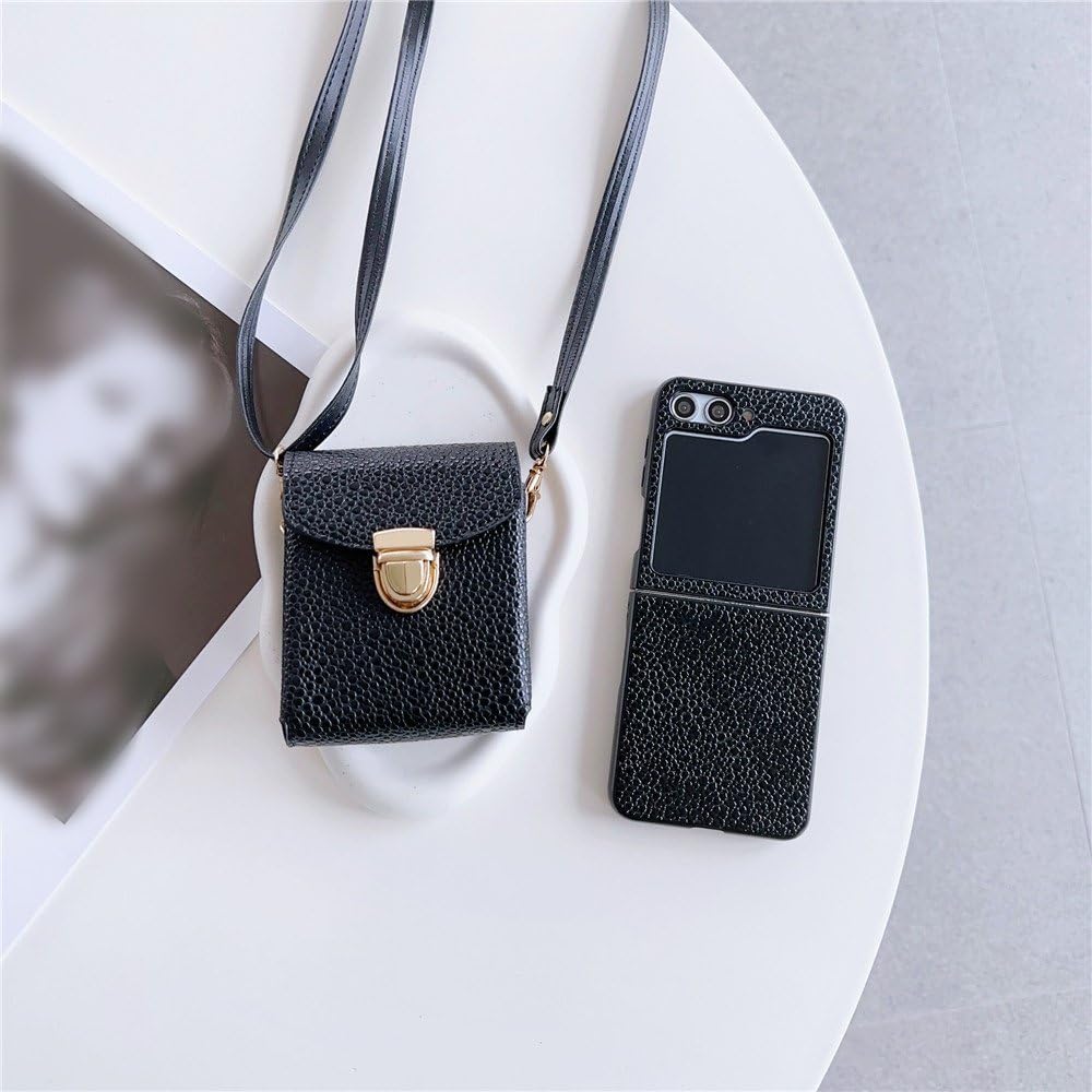 Funda de Cuero 2 en 1 Tipo Bandolera para Samsung Galaxy Z Flip 6, 5, Flip6, Flip5, 5G, con Correa para el Hombro, Color Negro, para Z Flip 5