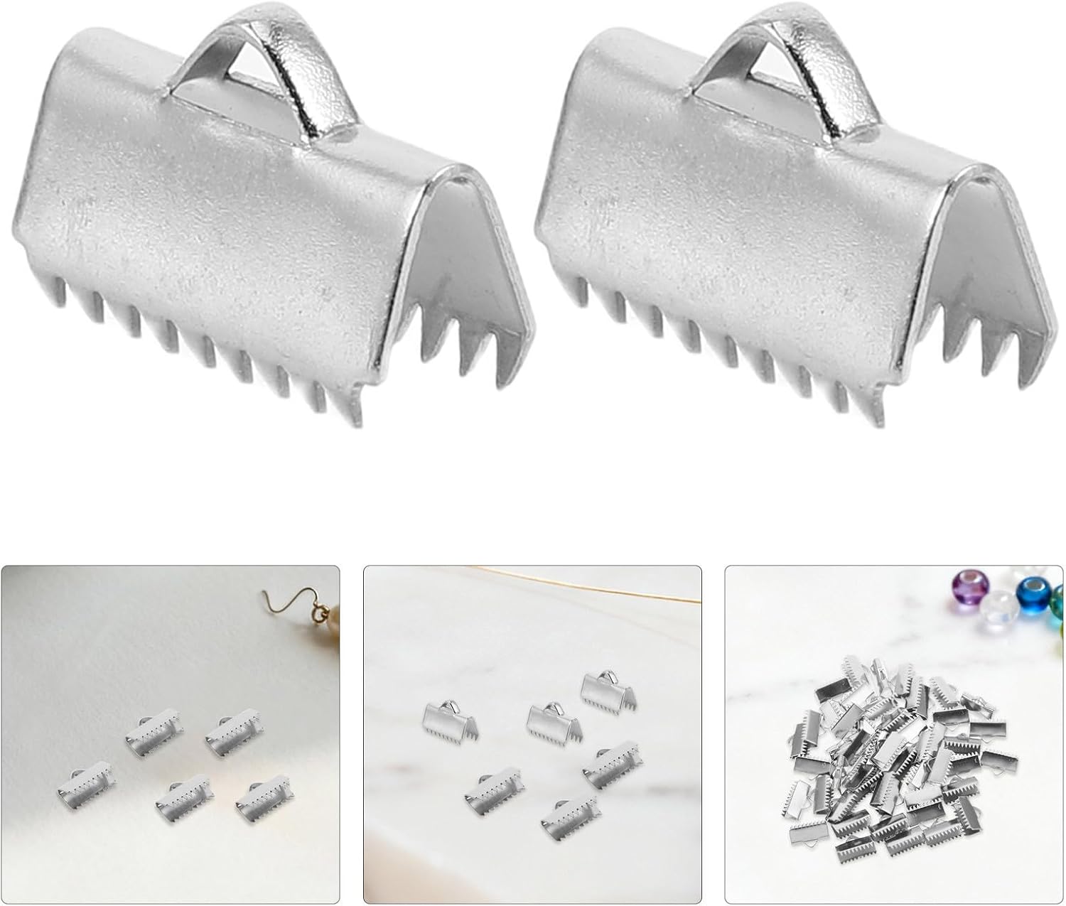50pcs Stainless Steel Cord Crimp Ends with Easy Attachment and Secure Grip, Silver Ribbon End Clamps for Leather Cord Bracelet Craft Kits and Jewelry Making Accessories