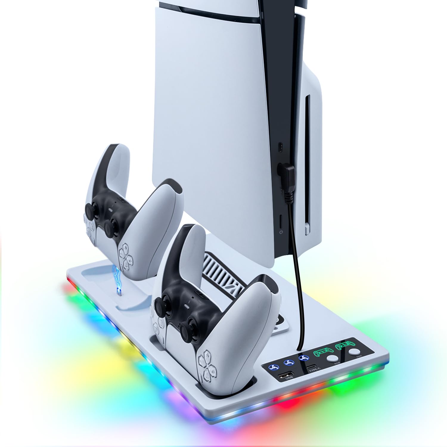 Wigearss Soporte Vertical para PS5/PS5 Slim/PS5 Pro con Ventiladores de Refrigeración, Multifuncional con Luz RGB, Cargador para Controladores y Puerto Type-C & USB