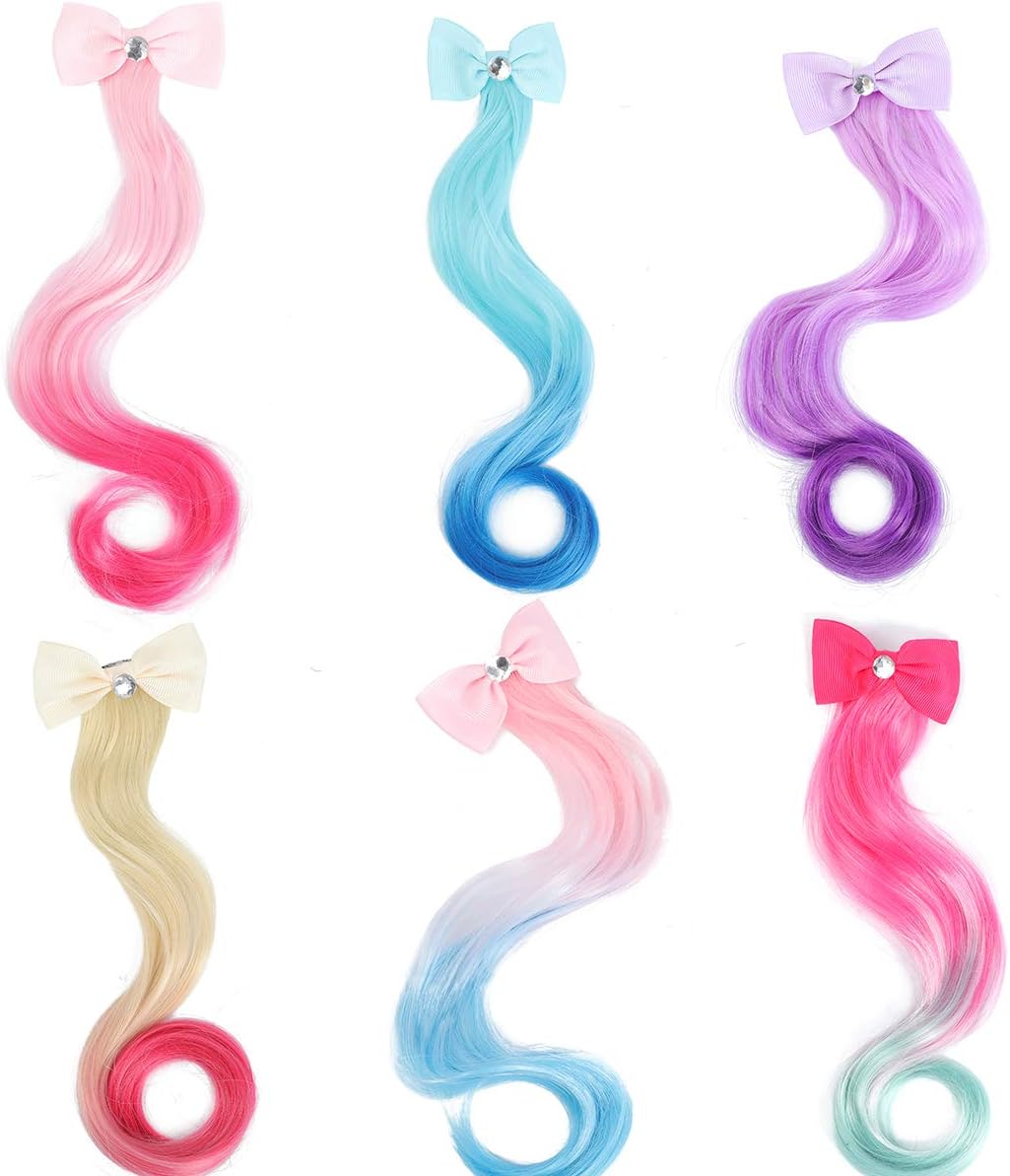 6 Pcs Girls Hair Bow Ribbon Barrettes With Alligator Clip and Hair Extensions Hair Accessory For Little Girls Toddler Kids Children