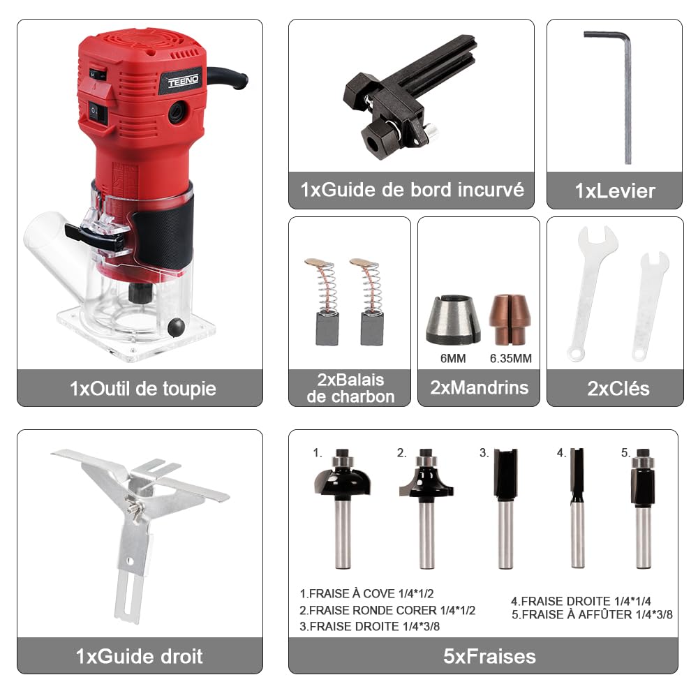 TEENO Défonceuse Affleureuse Électrique 800W 15000-32000 RPM Avec Housse Anti Poussière, Affleureuse à Bois Avec 5 Fraises à Défoncer Queue de 1/4", 6 Vitesses Variables, Base Fixe Mèches 6/6.35mm